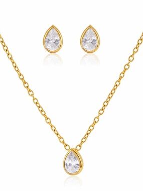 18K Gold Plated Teardrop Cubic Zirconia Necklace & Earring Set